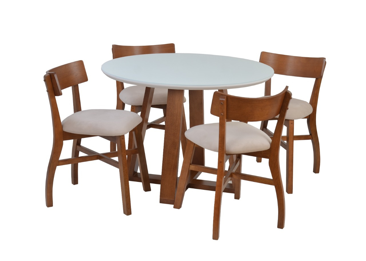 Sala de Jantar Ametista Mesa Tampo Redondo Vidro Pintado e Cadeiras com Assento Estofado e Encosto Anatômico