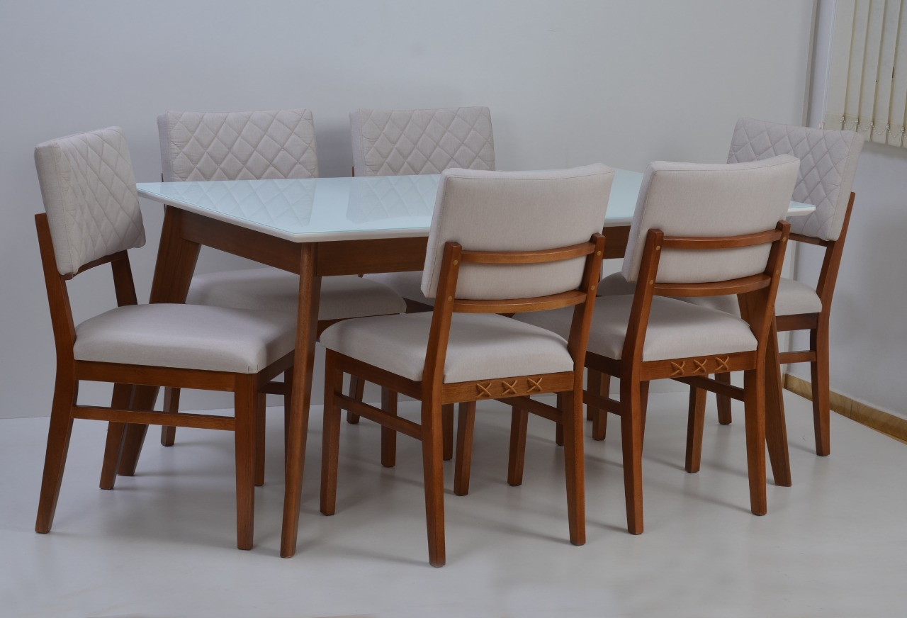Sala  De Jantar Cristal - 6 Cadeiras Estofadas e Mesa com Tampo de Vidro