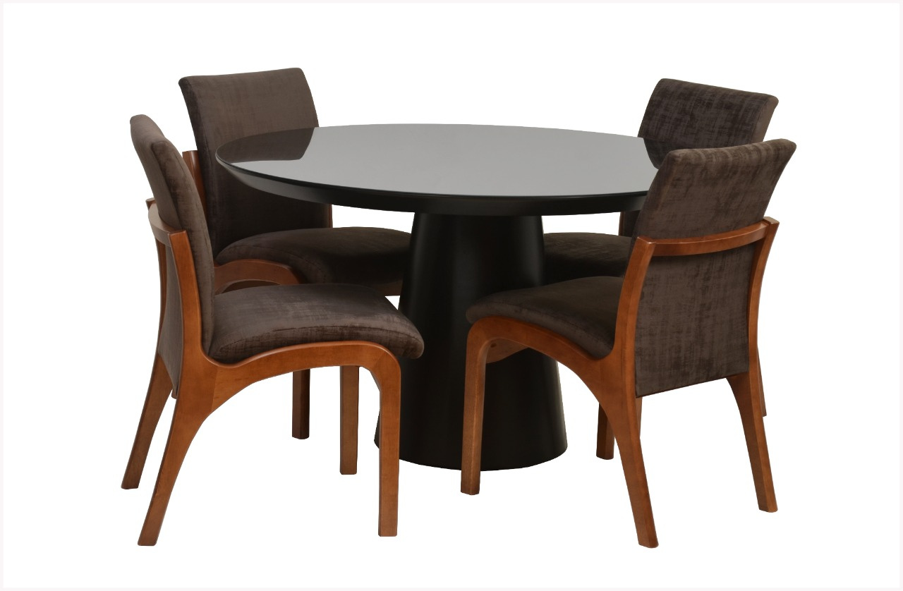 Conjunto de Jantar Madeira Maciça Rubi 4 Cadeiras Tampo de MDF e Vidro Pintado Cadeiras Estofadas
